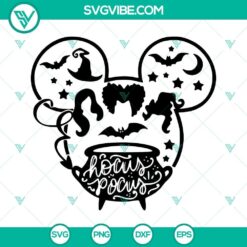 Hocus Pocus Mickey Ears SVG of Disney design, with Mickey Head and themed elements. Great for Halloween crafts.