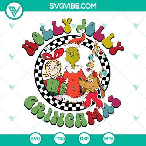 Holly Jolly Grinchmas SVG images featuring Cindy Lou Who, Grinch, and Max Dog. Festive holiday designs for download.