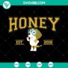 Bluey cartoon characters in honey theme, EST 2018 SVG files. Perfect for crafts, Bluey fans.