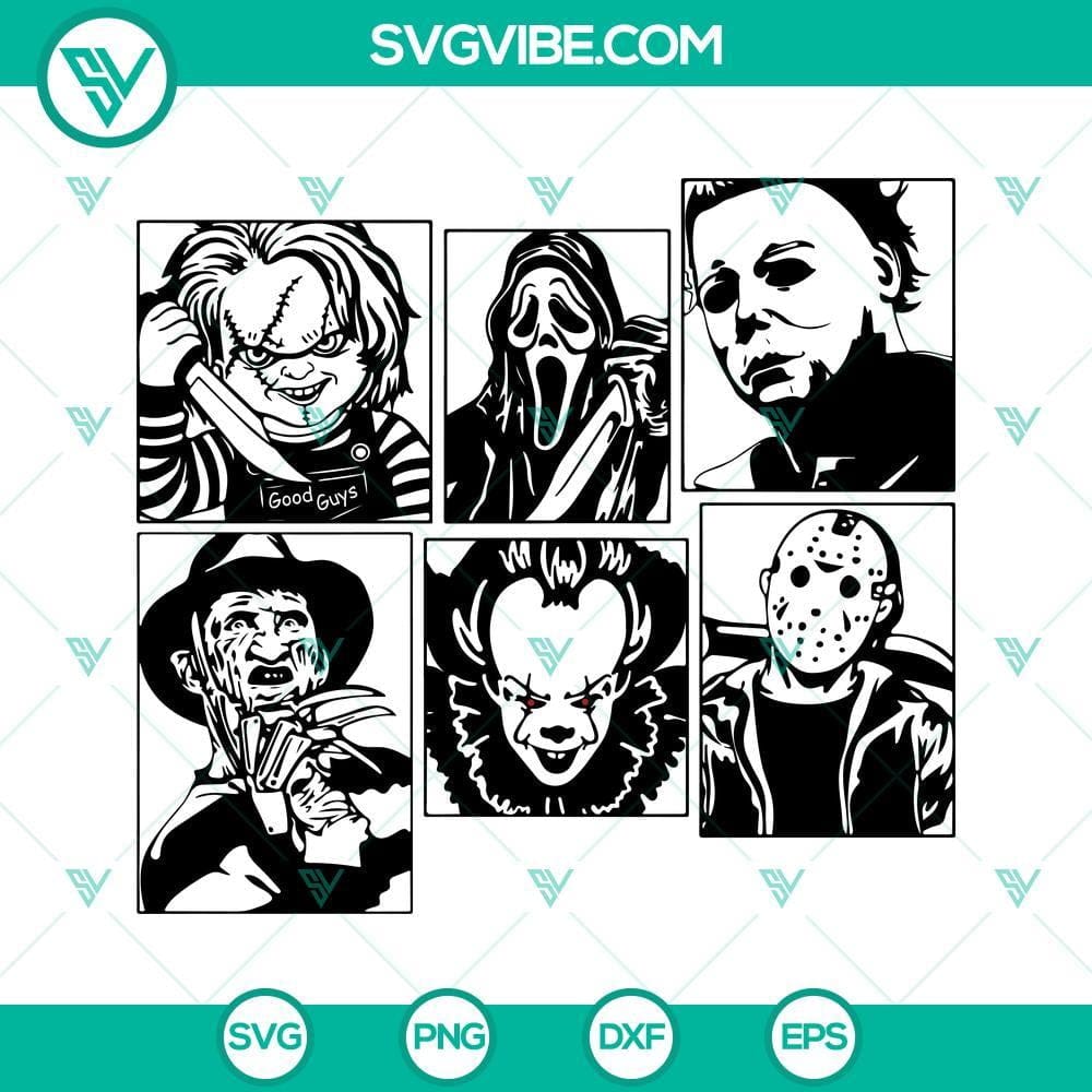 Horror Characters SVG, Horror Friends SVG PNG DXF EPS Cut Files Horror characters SVG files featuring friends in PNG, DXF, and EPS formats for cutting, with spooky designs.