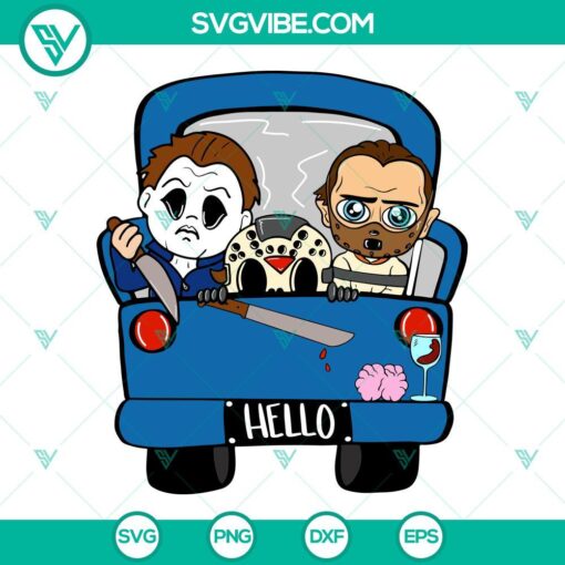 Horror Characters Truck SVG Download featuring scary movie killers for Halloween craft projects, SVG design elements.