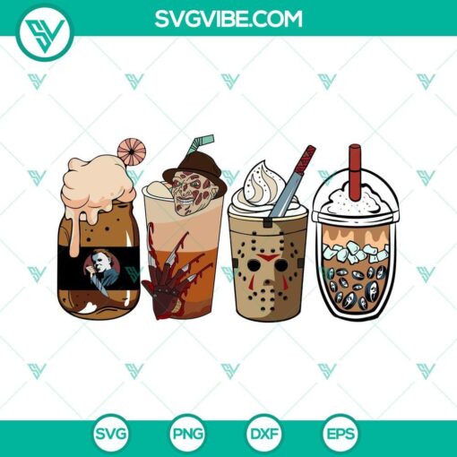 Spooky Halloween coffee themed SVG file with horror movie elements in PNG and DXF formats for latte art digital use.