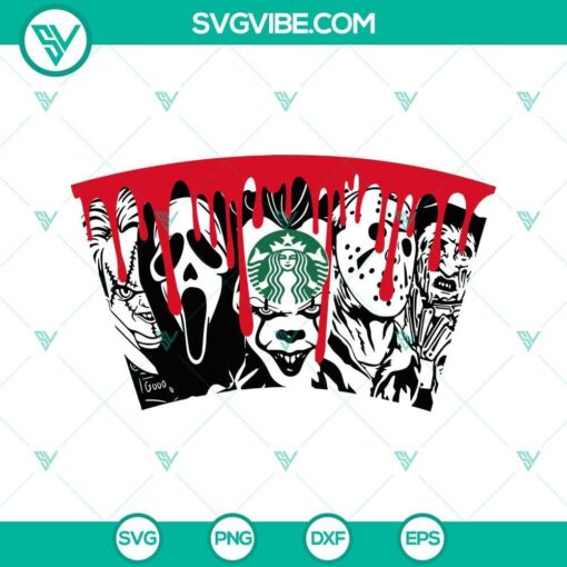 Horror movie themed Starbucks cup SVG files for Halloween, featuring full wrap design for spooky coffee lovers.
