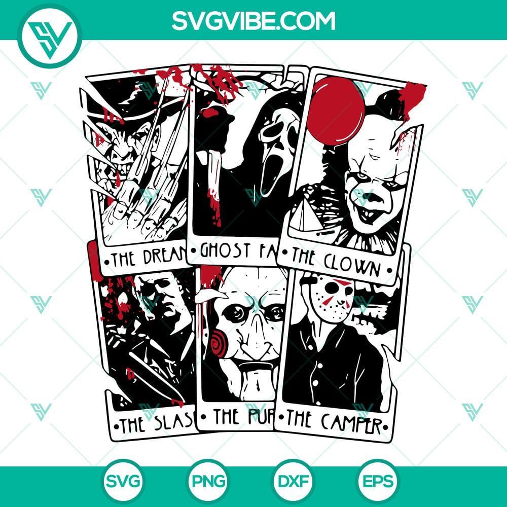 Horror Tarot Cards SVG Download, Horror Characters SVG Image, Halloween Horror Spooky horror tarot cards SVG download featuring Halloween horror characters. Ideal for Halloween-themed designs.