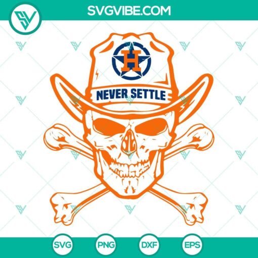 Houston Astros Never Settle skull SVG file with baseball elements in black and orange colors, ideal for Houston baseball fans.