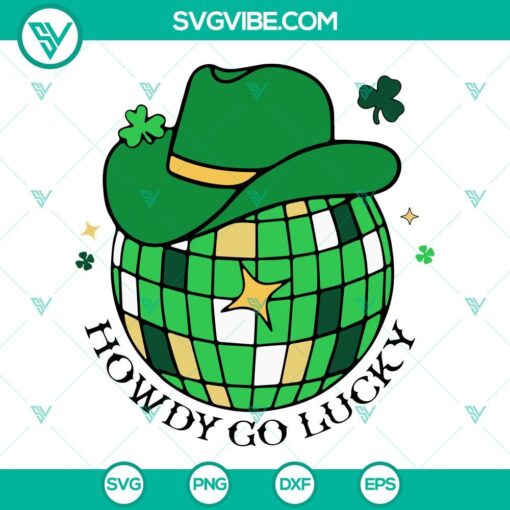 Howdy Go Lucky SVG: Disco Ball Cowboy Hat and Shamrock SVG design for St. Patrick's Day crafts and decorations.