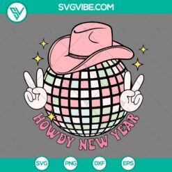 Western cow boy hat and disco ball Happy New Year SVG design for download. Perfect for celebrating the New Year with a touch of the Wild West.