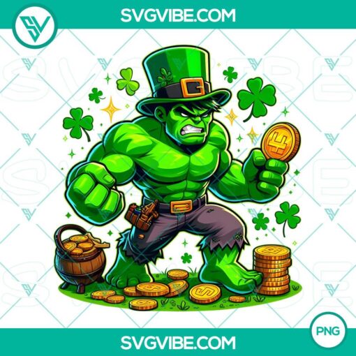 Muscular Hulk superhero character in St. Patrick's Day theme, PNG files for download.