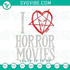 "Spooky embroidery design for Halloween: I Love Horror Movies digital file, perfect for horror movie fans. "