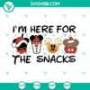 Colorful carnival food-themed SVG design with text "I’m Just Here For The Snacks", perfect for family gatherings and events.