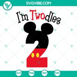 Two-year-old Mickey Mouse themed SVG images with the number two, perfect for birthday decorations. Downloadable in PNG and DXF formats.