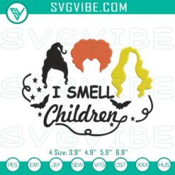 Hocus Pocus Halloween machine embroidery designs featuring "I Smell Children" pattern, ideal for spooky decorations.