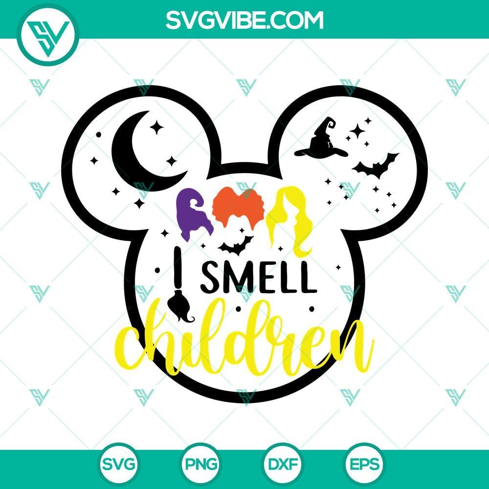 I Smell Children SVG, Mickey Head SVG, Hocus Pocus SVG, Halloween SVG Hocus Pocus themed Mickey Mouse head SVG file for Halloween with text "I Smell Children".
