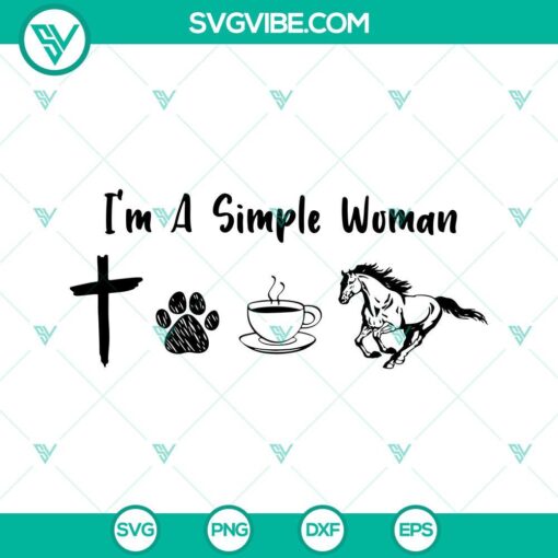 Simple woman design with Jesus, horse, dog, and coffee SVG files on white background. Perfect for crafting projects.