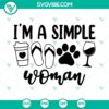 Simple Woman SVG with Dog Mom, Coffee, Wine designs in PNG format. Ideal for crafting and decoration.