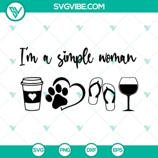 Simple woman SVG with coffee, dog, wine, and flip flop designs. Perfect for craft projects.