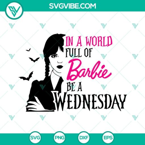 Barbie Wednesday Addams SVG design in PNG format for digital products with unique character illustration.