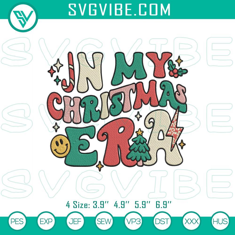 In My Christmas Era Embroidery Design Files Christmas themed embroidery design for digital download, featuring festive elements like Santa Claus, reindeer, snowflakes, and Christmas trees.