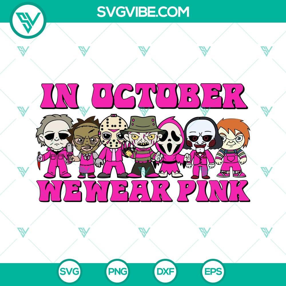 in-october-we-wear-pink-halloween-svg-horror-breast-cancer-awareness-svg-dxf-eps-png-designs-3-mockup.jpg October-themed pink Halloween SVG files with horror elements to support breast cancer awareness.