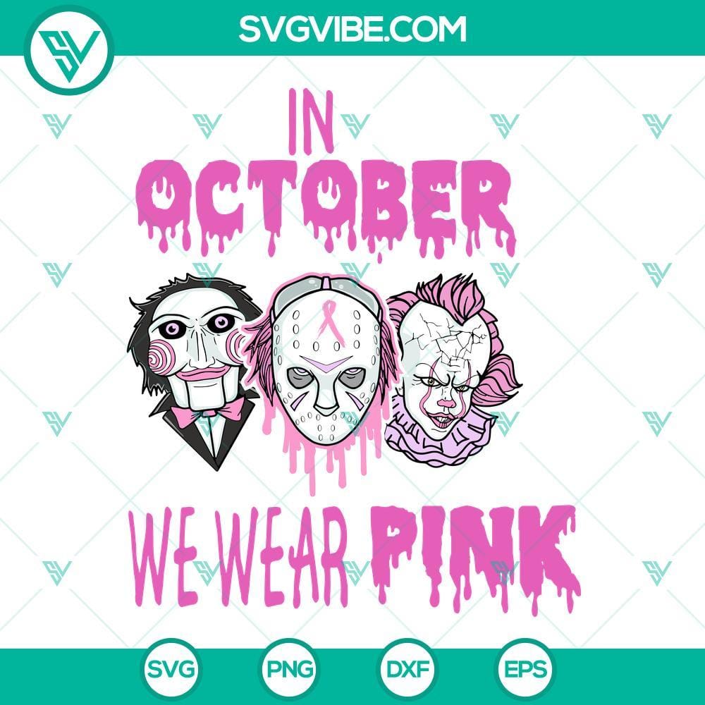 in-october-we-wear-pink-horror-halloween-svg-png-dxf-eps-design-digital-download-8-mockup.jpg October horror Halloween SVG design in pink for breast cancer awareness month, featuring spooky elements. EPS, PNG, DXF files available.