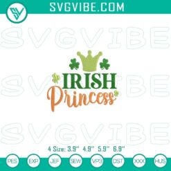 Irish Princess Embroidery File perfect for St. Patrick’s Day, featuring elegant shamrocks, crown, and clover design.