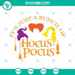 Hocus Pocus SVG download with PNG files for Halloween crafts, featuring witch hat, broomstick, and cauldron in a whimsical design.