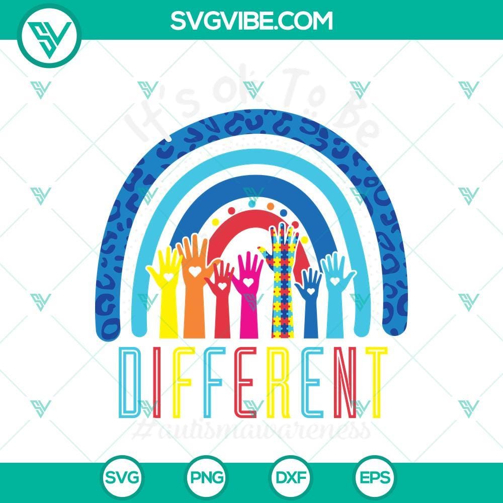 It’s Ok To Be Different Autism Awareness SVG Files, Blue Rainbow Autism Autism awareness SVG files with diverse blue rainbow design for acceptance and inclusion. Great for promoting neurodiversity.