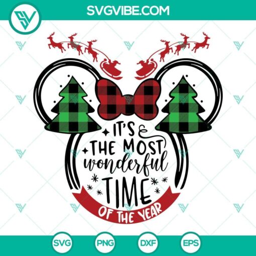 Christmas SVG design featuring Minnie Mouse with "It's The Most Wonderful Time Of The Year" text, perfect for holiday crafts and decorations.