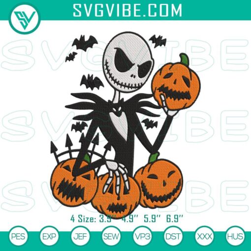 Jack Skellington with pumpkins embroidery files, spooky Halloween pumpkin design for Halloween crafts.