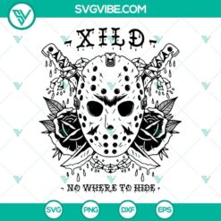 Jason Voorhees inspired mask flower SVG with "No Where To Hide" text, Friday the 13th theme. Ideal for Halloween decorations and crafts.