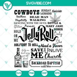 Jelly Roll Song Lyrics SVG with Country Music theme, featuring Backroad Baptism lyrics. Perfect for crafts and DIY projects.