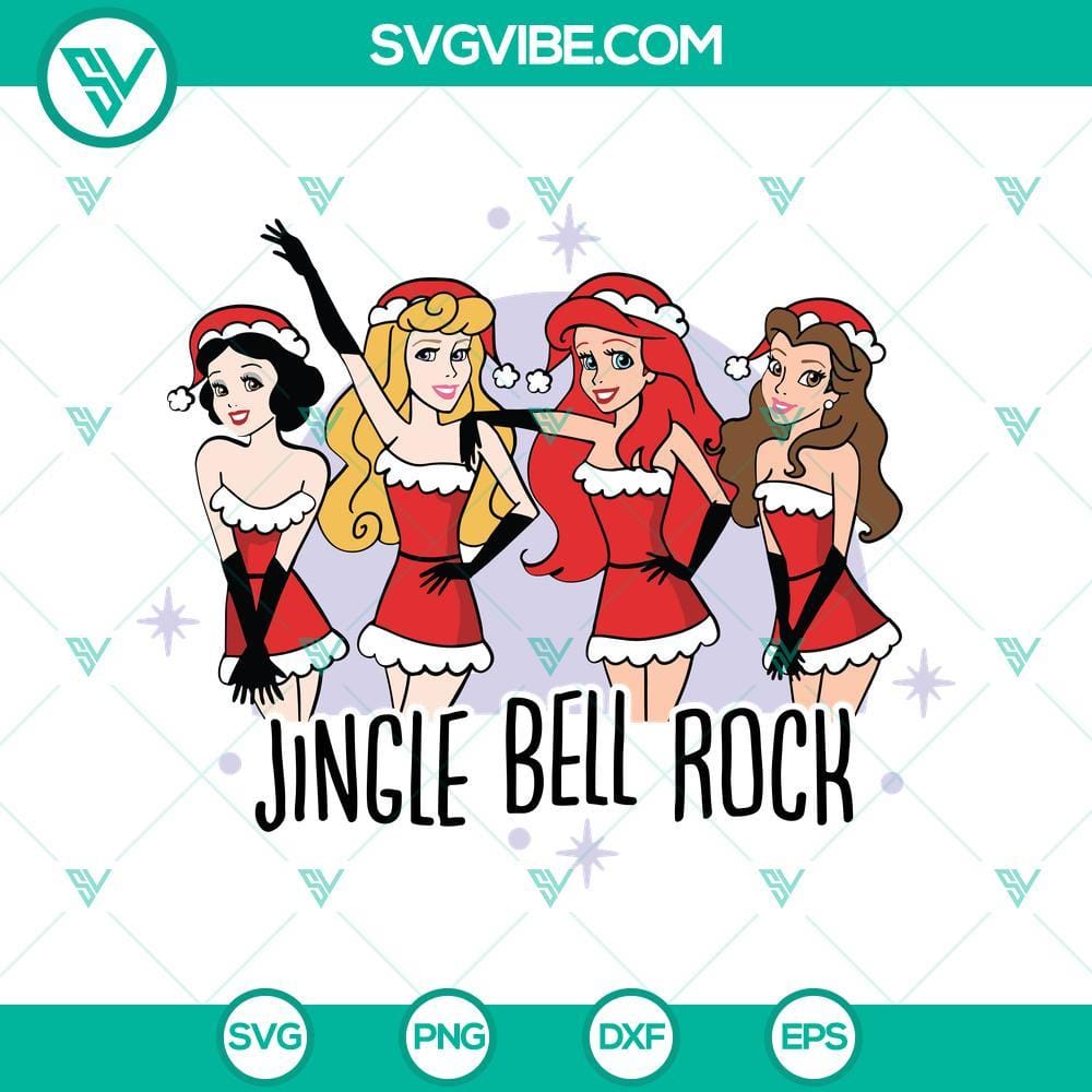 Jingle Bell Rock Christmas Disney Princess SVG Images, Christmas Mean Disney Princesses in Christmas attire with jingle bells, perfect for holiday SVG images.