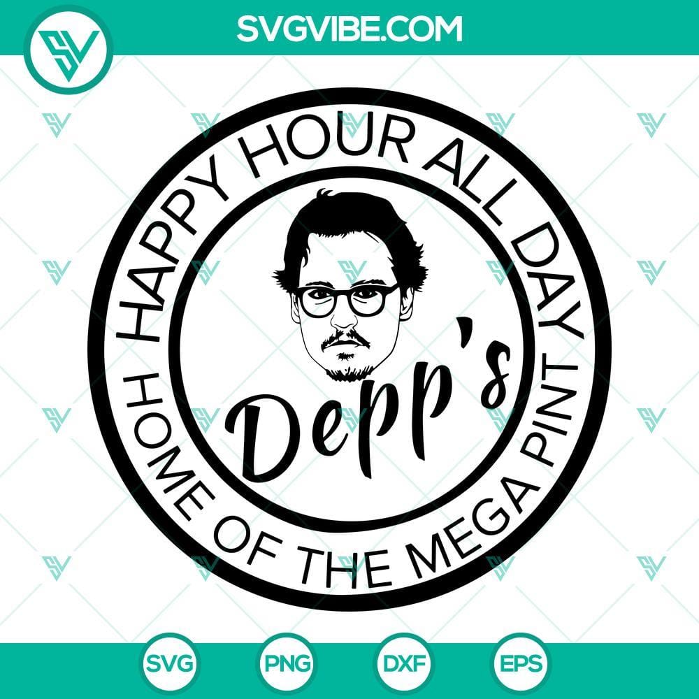 johnny-depp-svg-depp-s-happy-hour-all-day-home-of-the-mega-pint-svg-png-dxf-eps-cut-files-10-mockup.jpg Johnny Depp SVG file with "Happy Hour All Day Home of the Mega Pint" design, perfect for crafting and fan projects.