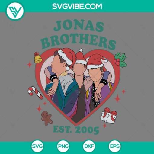 Jonas Brothers Est 2005 Christmas SVG File featuring the band with Santa hats, SVG download for holiday crafting projects.