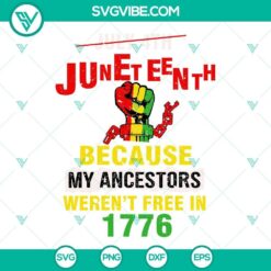Digital graphic with text "July 4th Juneteenth 1865 Because My Ancestors Weren’t Free In" in patriotic colors, symbolizing historical significance.