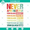 Juneteenth Black Pride SVG file with empowering text “Never Apologize For Your Blackness”, celebrating Black culture and heritage.