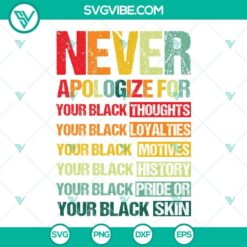 Juneteenth Black Pride SVG file with empowering text “Never Apologize For Your Blackness”, celebrating Black culture and heritage.