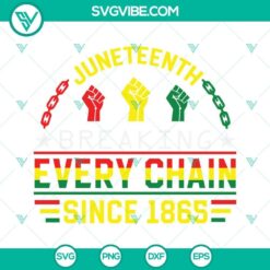 Juneteenth Breaking Every Chain Since 1865 SVG design with text "Black Freedom Day" in patriotic colors.