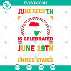 Juneteenth celebration concept with text "Juneteenth Is Celebrated Every Year On June 19th" in patriotic colors of United States flag.