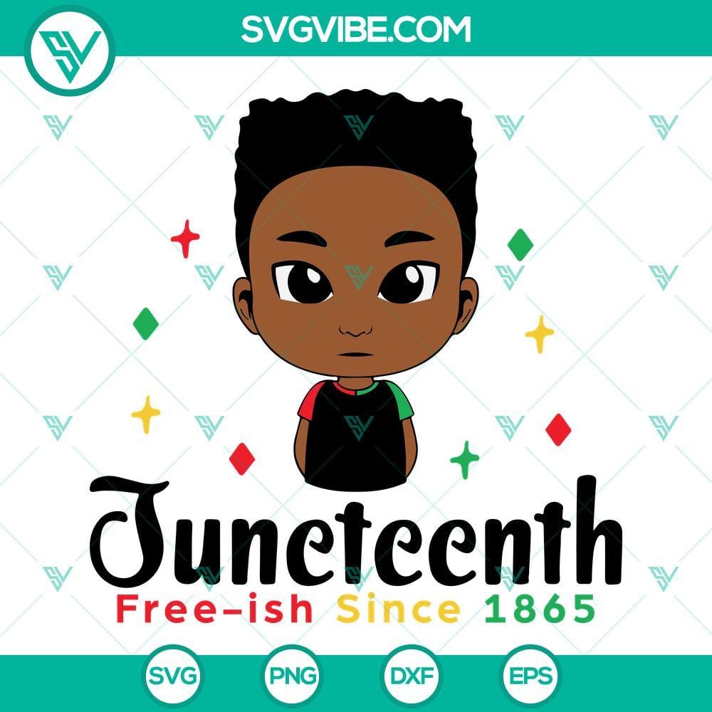 juneteenth-little-black-boy-svg-juneteenth-free-ish-since-1865-svg-cute-black-african-american-kids-svg-2-mockup.jpg Juneteenth Little Black Boy Svg celebrating freedom with "Juneteenth Free-ish Since 1865" text on a digital design.