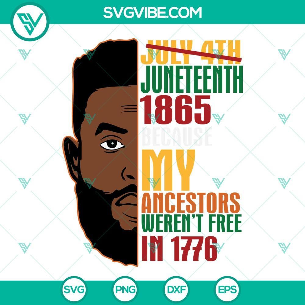 juneteenth-svg-july-4th-juneteenth-1865-because-my-ancestors-weren-t-free-in-1776-svg-8-mockup.jpg Juneteenth and July 4th commemorative SVG design with phrase "Juneteenth 1865 Because My Ancestors" for digital use.