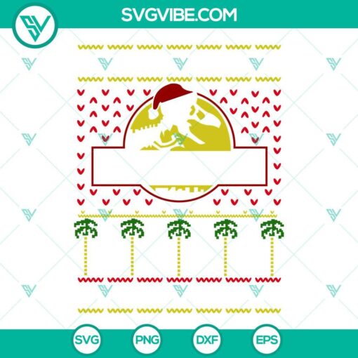 Jurassic Park Ugly Christmas Sweater SVG featuring Jurassic T Rex design for download. Festive and nerdy holiday apparel.