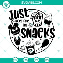 Disney Halloween SVG with "Just Here For The Snacks" design for digital download, featuring cute food and drink characters. Perfect for Halloween parties.