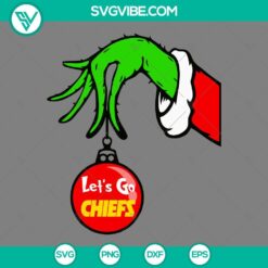 Kansas City Chiefs Grinch hand holding ornament SVG file, festive Kansas City Chiefs Christmas design, perfect for DIY projects.