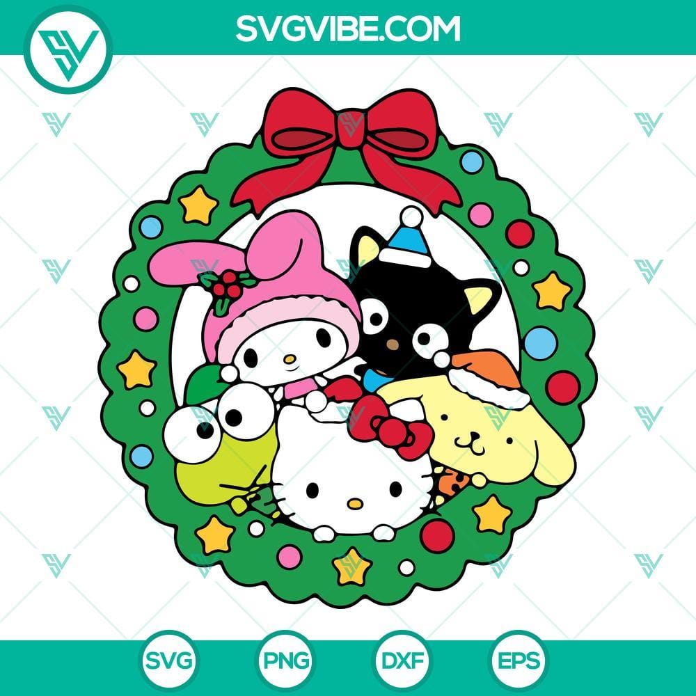 Kawaii Friends Christmas SVG, Hello Kitty Merry Christmas SVG PNG DXF EPS Kawaii Friends Christmas SVG and Hello Kitty Merry Christmas PNG files for holiday crafts and decorations.
