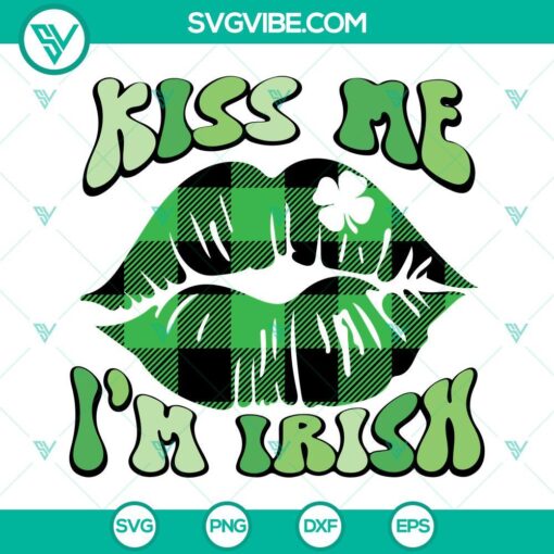 St. Patrick's Day themed SVG file featuring "Kiss Me I'm Irish" lips design with shamrock. Perfect for digital download.