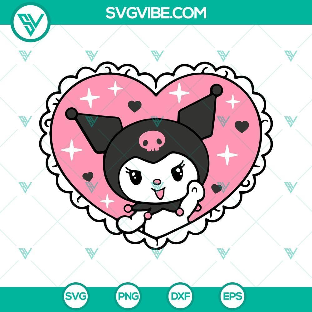Kuromi Heart SVG Image, Hello Kitty SVG Image, Sanrio Characters Heart SVG File Kuromi, Hello Kitty, and other Sanrio characters in a heart-shaped SVG file design. Cute and charming digital art for crafting.