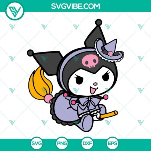 Kuromi witch Halloween themed SVG files with PNG, DXF, and EPS formats for crafting and digital design projects.