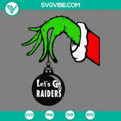 Las Vegas Raiders Christmas Grinch hand holding ornament SVG files, ideal for fans.
