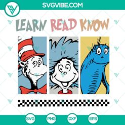 Dr. Seuss inspired SVG images including Cat In The Hat and Blue Fish, ideal for learning and reading themes.